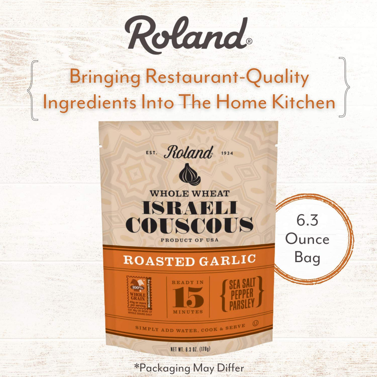 Roland Foods Roasted Garlic Whole Wheat Israeli Couscous, Sourced in the USA, 6.3-Ounce Pouch