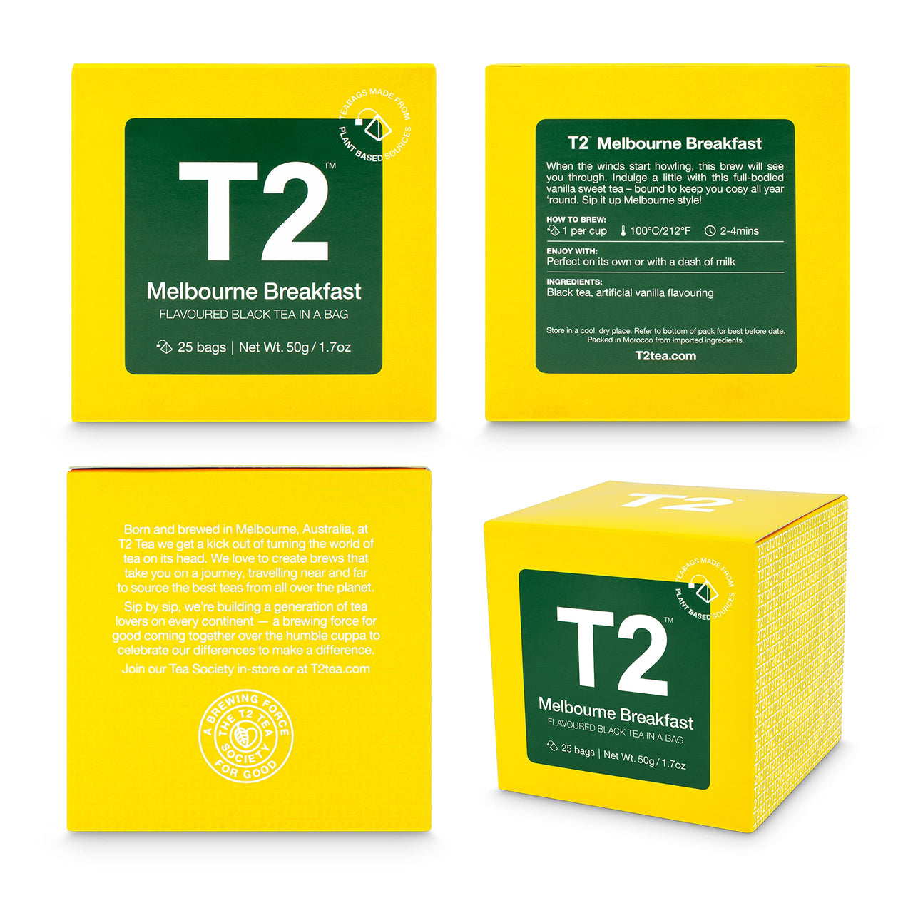 T2 Tea - Melbourne Breakfast Black Tea, 25 Tea Bags in a Box, Sweet Vanilla Flavoured Tea, 50g (B125AE019)