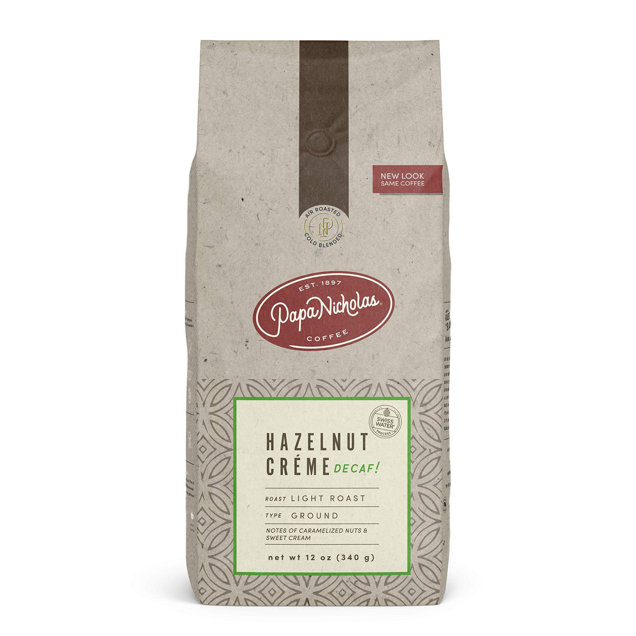 PapaNicholas Coffee Ground Coffee, Decaffeinated, Hazelnut Creme, 12 Ounce