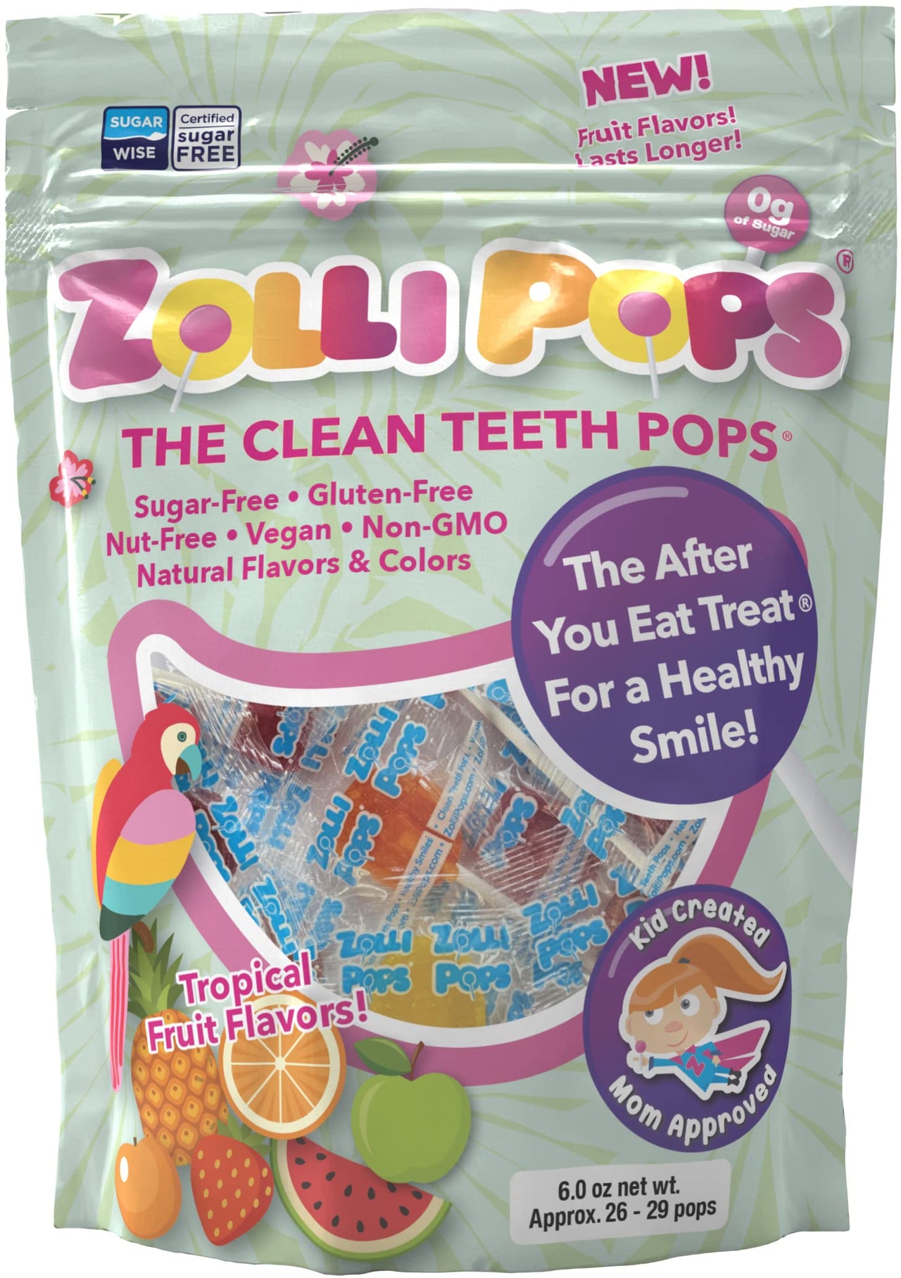 Zollipops The Clean Teeth Pops, Anti Cavity Lollipops, Delicious Flavors, Tropical, 6oz
