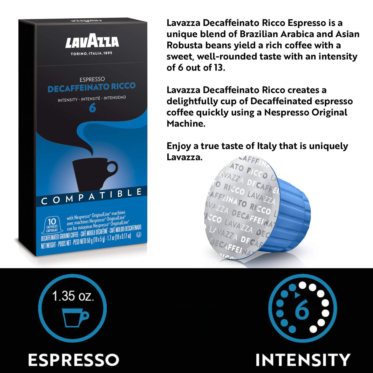 Lavazza Premium Coffee Corp Nespresso OriginalLine Compatible Capsules, Espresso Decaffeinato Ricco, Dark Roast Coffee, 10 Ct (Pack of 2)