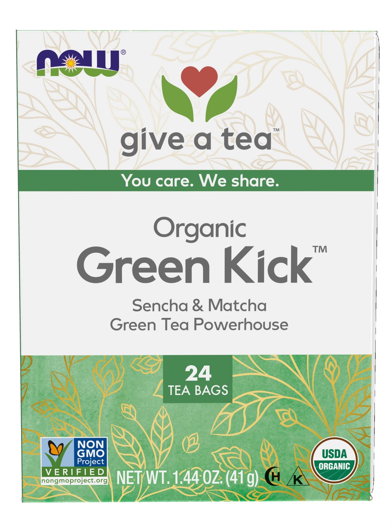 NOW Foods, Certified Organic Green Kick Tea, with Polyphenols, Premium Unbleached Tea Bags with No-Staples Design, No Added Colors, Preservatives, Flavors, or Sugars, 24-Count