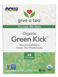 NOW Foods, Certified Organic Green Kick Tea, with Polyphenols, Premium Unbleached Tea Bags with No-Staples Design, No Added Colors, Preservatives, Flavors, or Sugars, 24-Count