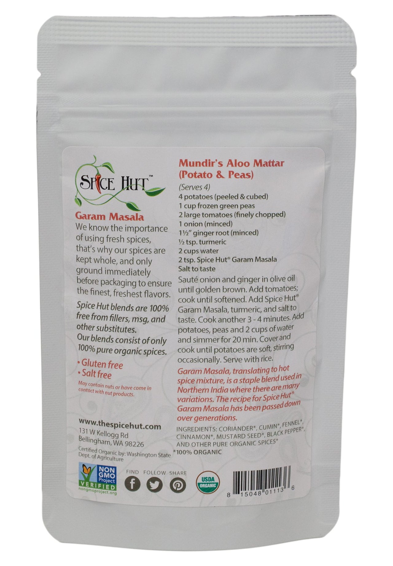 Organic Garam Masala Seasoning Quick Easy Blend for Indian Cooking , 2 Ounce, The Spice Hut, small pouch  salt free