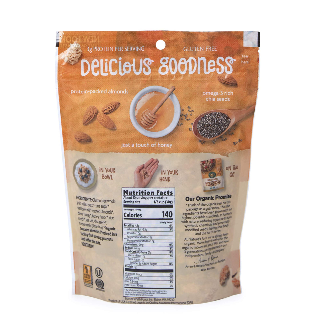 Nature's  Path Organic Gluten Free Honey Almond Granola, 11 Ounce, Non-GMO, 15g Whole Grains, with Omega-3 Rich Chia Seeds