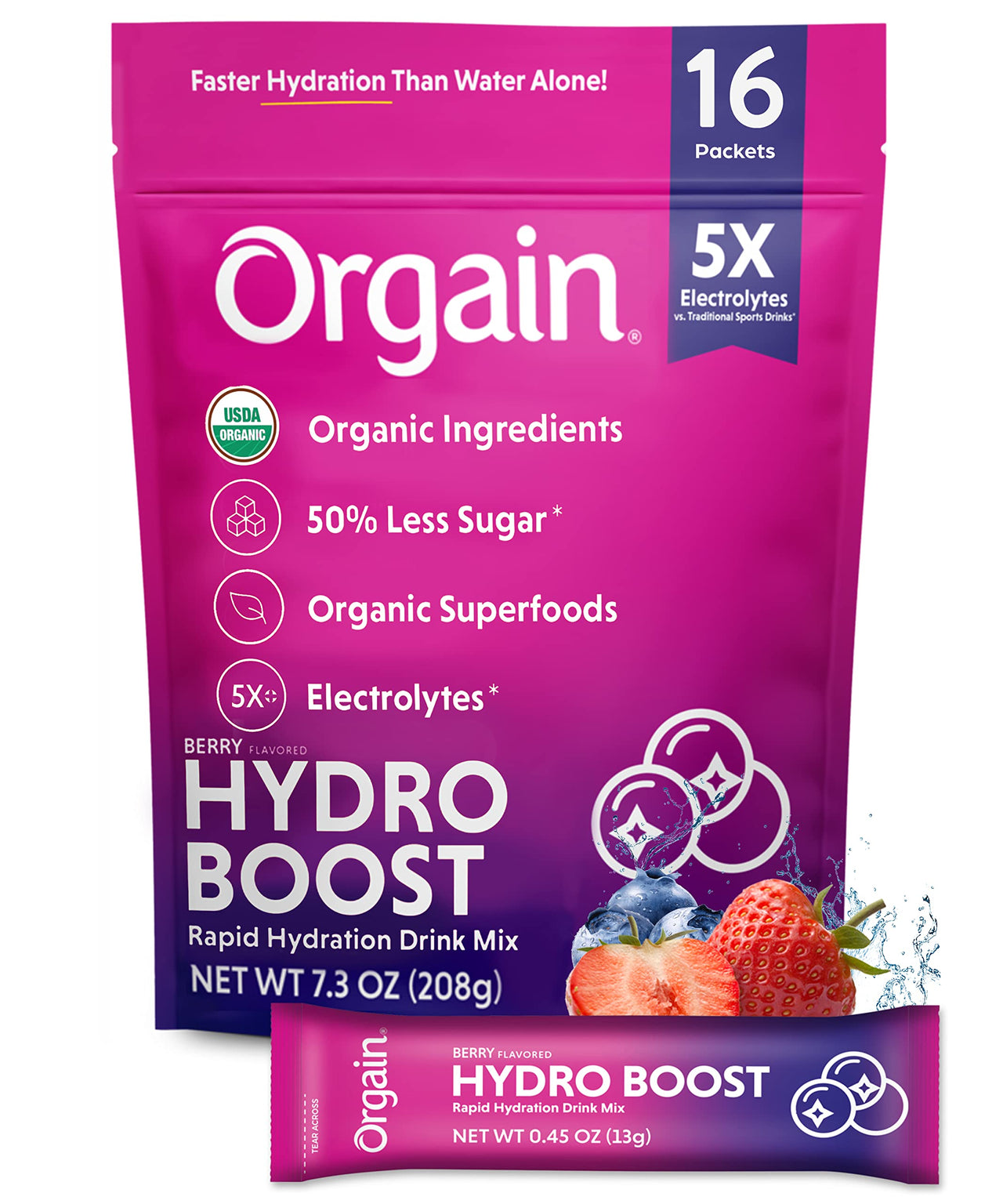 Organic Rapid Hydration Packets by Orgain, Berry Hydro Boost - Packed with Electrolytes & Superfoods, Less Sugar, Gluten Free, Vegan, No Soy Ingredients or Artificial Flavors, Non-GMO (Pack of 16)