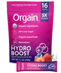 Organic Rapid Hydration Packets by Orgain, Berry Hydro Boost - Packed with Electrolytes & Superfoods, Less Sugar, Gluten Free, Vegan, No Soy Ingredients or Artificial Flavors, Non-GMO (Pack of 16)