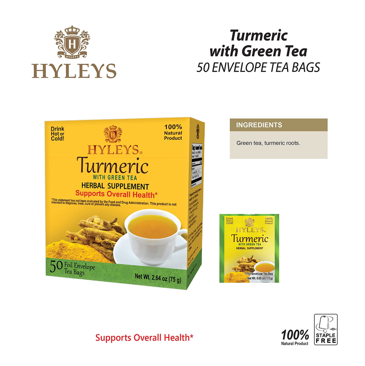 HYLEYS Tea Original Green Tea with Turmeric, 50 Count, 1 Pack