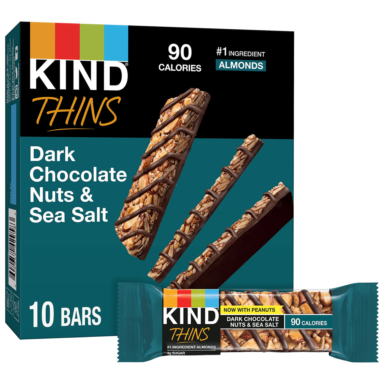 KIND THINS Dark Chocolate Nuts & Sea Salt Bars (Now with Peanuts), Gluten Free, 4g Sugar, 0.74 oz bars, 10 count