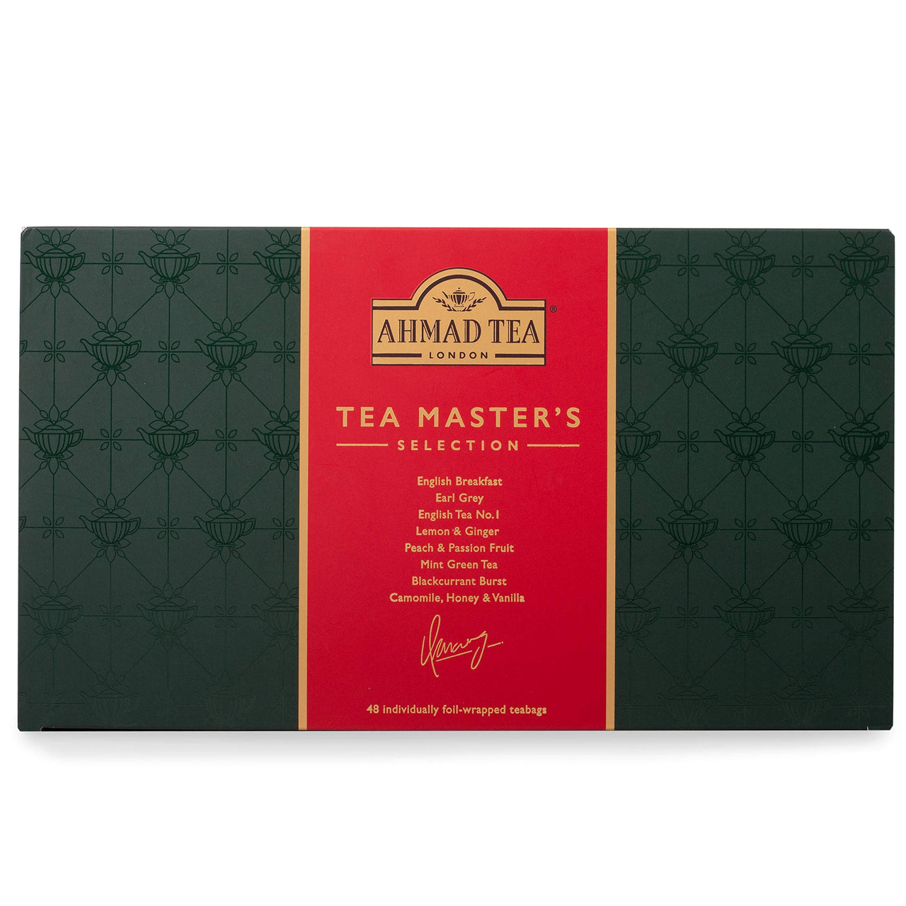 Ahmad Tea Black, Green, & Herbal Teas, Tea Master's  Selection Red & Green Gift Box, Variety of 8 Teas, Teabags 48 ct - Caffeinated, Decaffeinated, and Sugar-Free