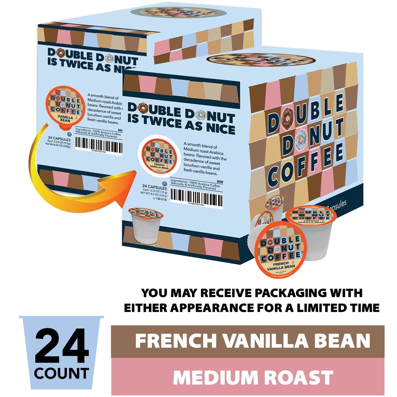 French Vanilla Coffee Pods, Vanilla Bean Flavored Coffee in Recyclable Single Serve Vanilla Pods for the Keurig K Cups Coffee Makers, From Double Donut - 24 cups