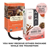 Numi Organic Tea Rooibos Chai, 18 Count Box of Tea Bags, Herbal Teasan, Caffeine-Free (Packaging May Vary)