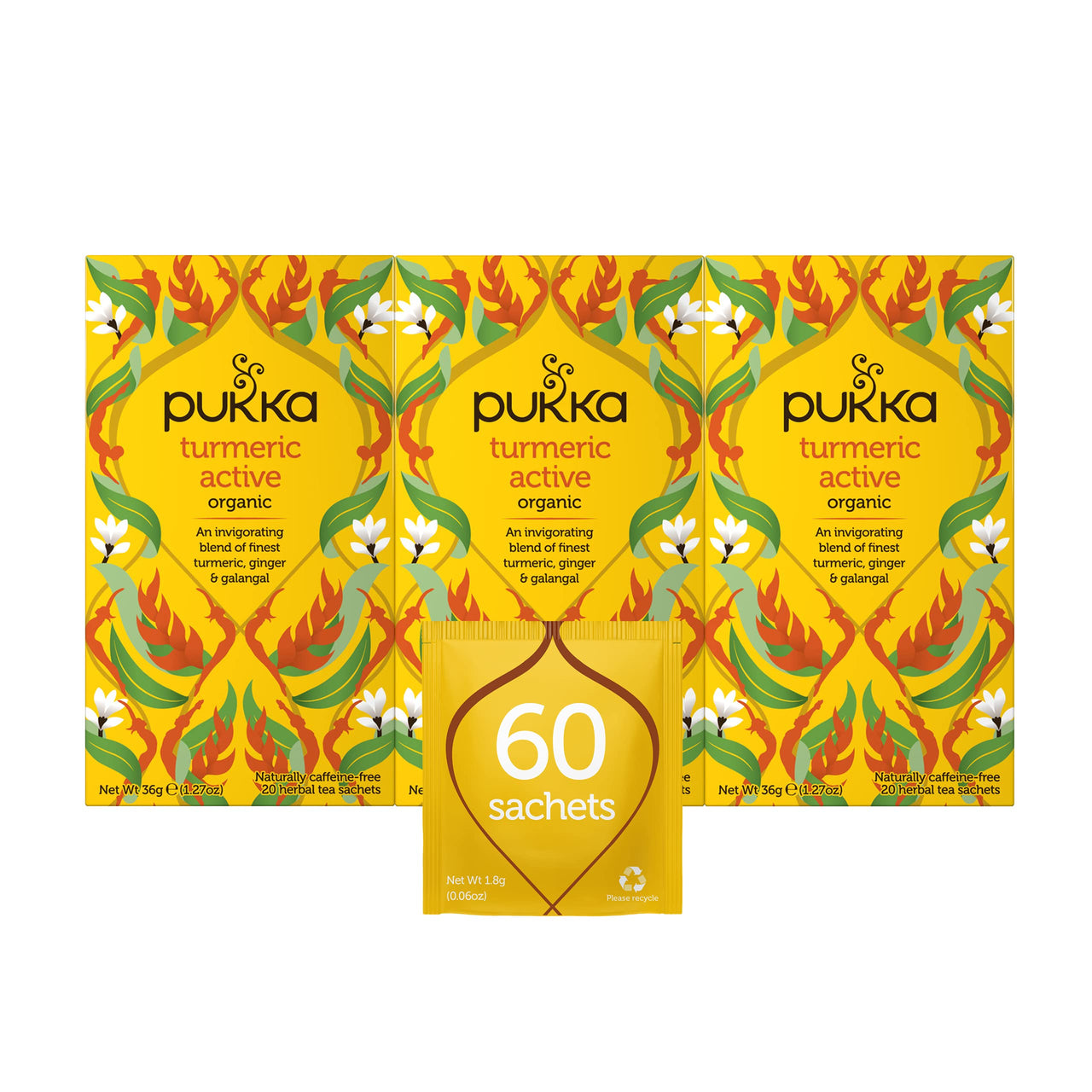 Pukka Organic Tea Bags, Turmeric Active Herbal Tea with Ginger and Galangal, Perfect for Active Lifestyles, 20 Count (Pack of 3) 60 Tea Bags