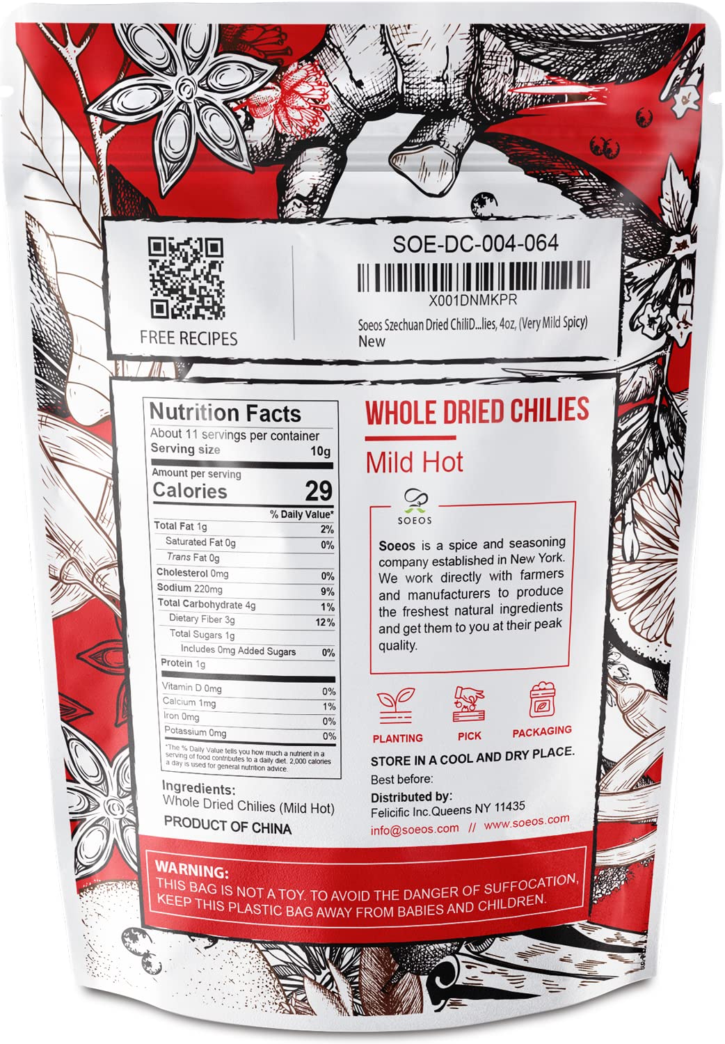 Soeos Whole Dried Chilies 4 oz, Mild Spicy Chili Peppers, Red Chili Pepper, Natural, Premium and Dry Sichuan Chile Peppers, Sichuan Pepper, Dried Peppers  Great for Mexican Recipes