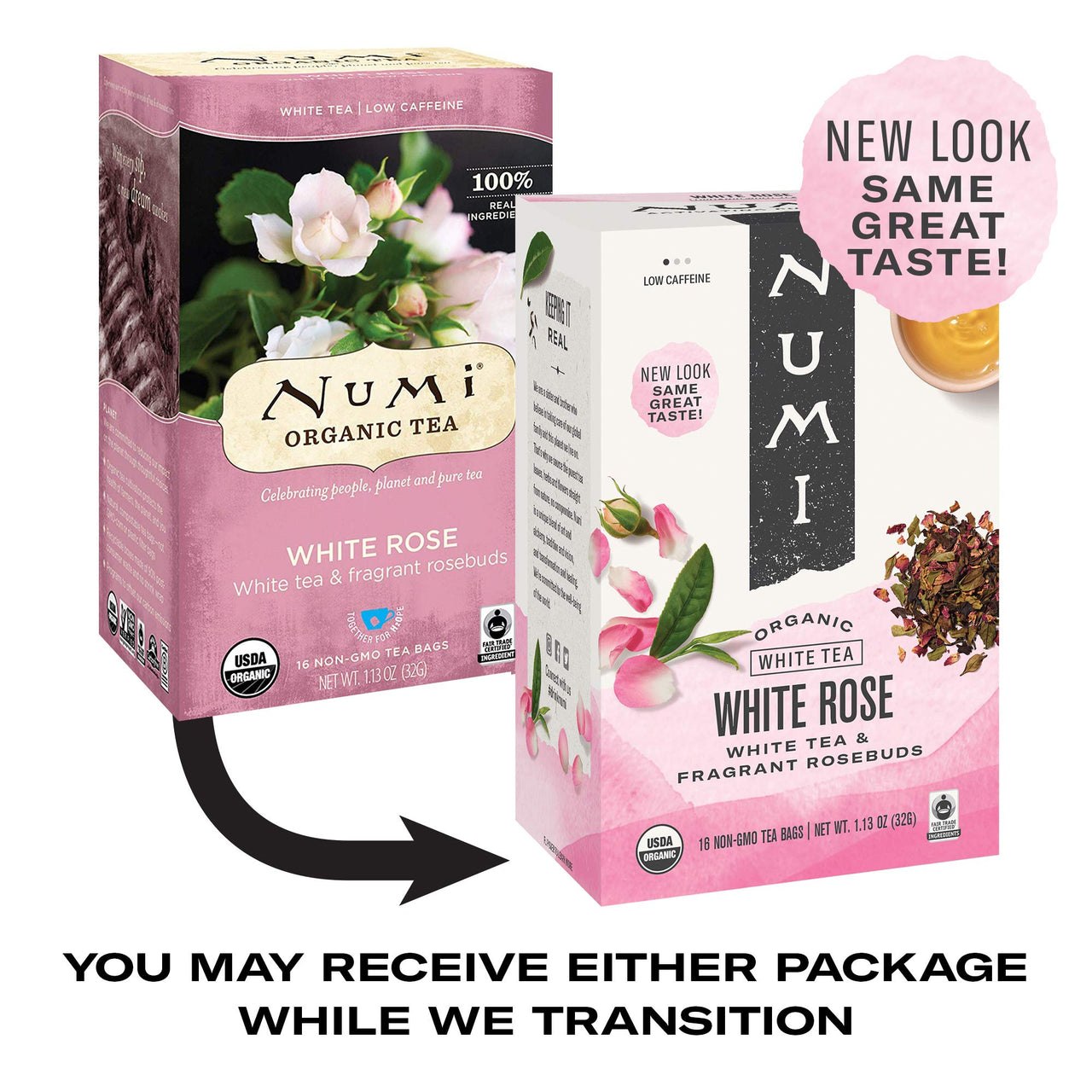 Numi Organic Tea White Rose, 16 Count Box of Tea Bags, White Tea (Packaging May Vary)