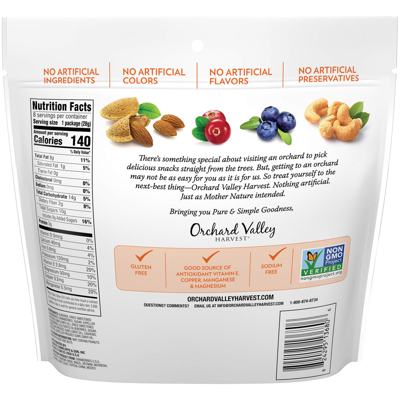 Orchard Valley Harvest Antioxidant Mix, 1 Ounce Bags (Pack of 8), Almonds, Cranberries, Blueberries, Cashews, and Pepitas, Non-GMO, No Artificial Ingredients