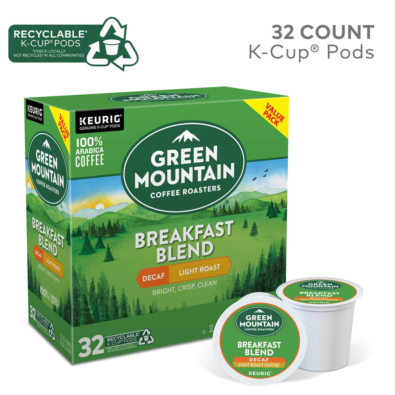 Green Mountain Coffee Roasters Decaf Breakfast Blend, Single-Serve Keurig K-Cup Pods, Light Roast Coffee, 32 Count (Pack of 2)