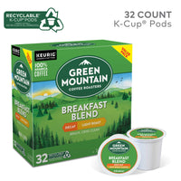 Green Mountain Coffee Roasters Decaf Breakfast Blend, Single-Serve Keurig K-Cup Pods, Light Roast Coffee, 32 Count (Pack of 2)