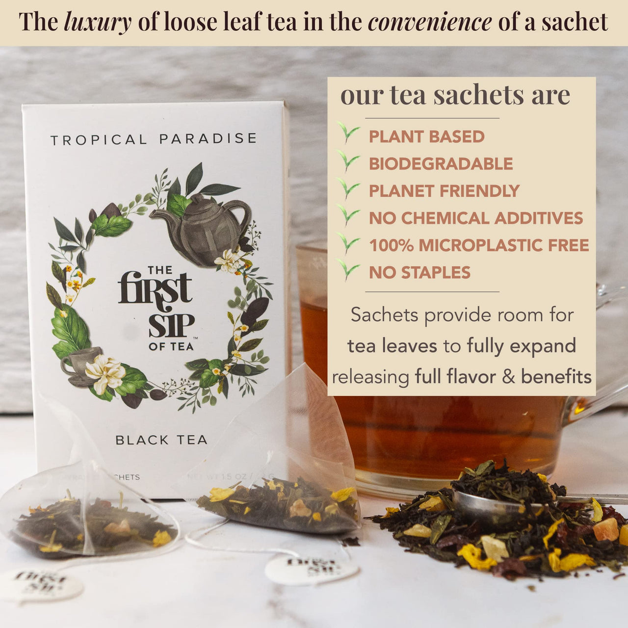 Tropical Paradise, Mango, Strawberry, Papaya, Black & Green Tea, Pyramid Sachet Tea Bags, Caffeinated, Hot & Iced Tea - 16 Cups | The Spice Hut, First Sip Of Tea