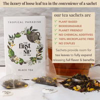 Tropical Paradise, Mango, Strawberry, Papaya, Black & Green Tea, Pyramid Sachet Tea Bags, Caffeinated, Hot & Iced Tea - 16 Cups | The Spice Hut, First Sip Of Tea