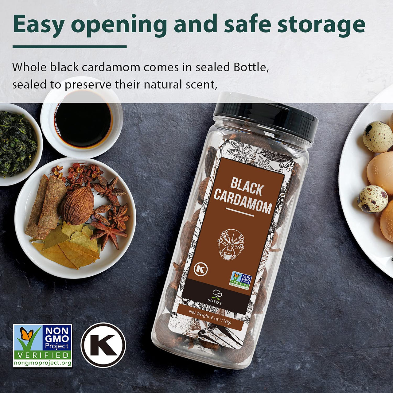 Soeos Black Cardamom 6 Ounces, NON GMO Verified, Kosher, Asian and India Cooking Spice, Smoky Flavor, Freshly Dried Cardamom, Cardamom Seeds, Cardamom Pods for Cooking, Whole Kali Elaichi, 6oz.