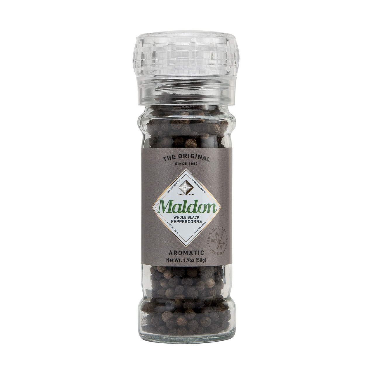 Maldon Salt, Whole Black Peppercorn Grinder, 50 g, Refillable and Adjustable, Kosher, Natural, Aromatic