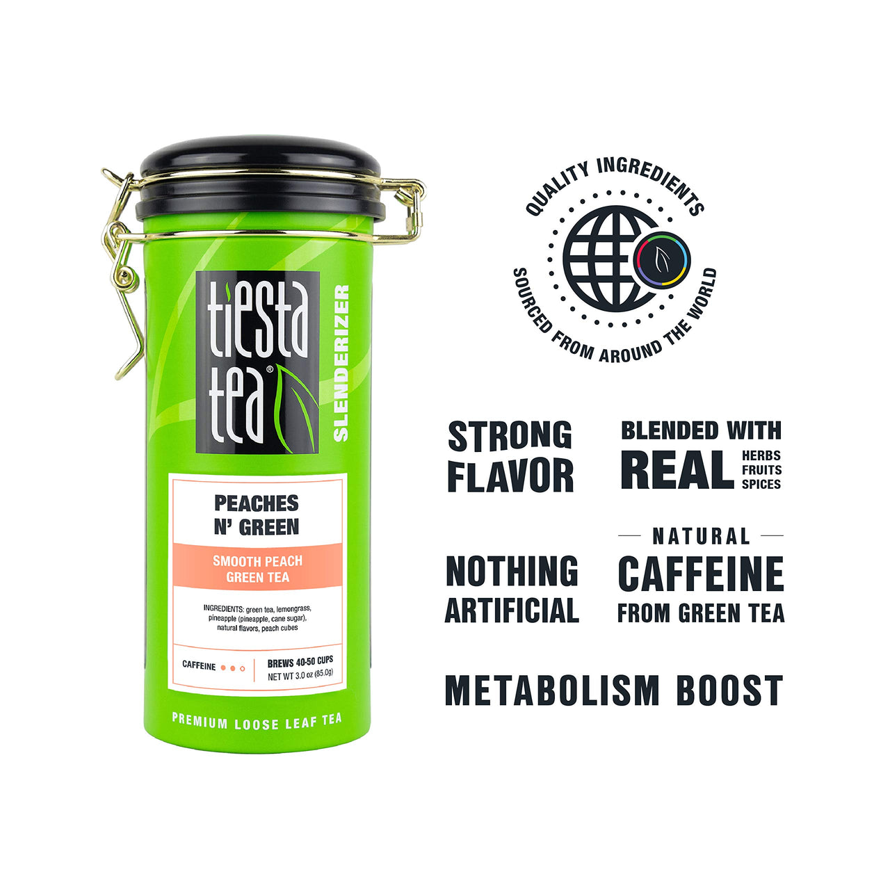 Tiesta Tea - Peaches N Green, Loose Leaf Smooth Peach Green Tea, Medium caffeine, Hot & Iced Tea, 3 oz Tin - 50 Cups, Green Tea Loose Leaf