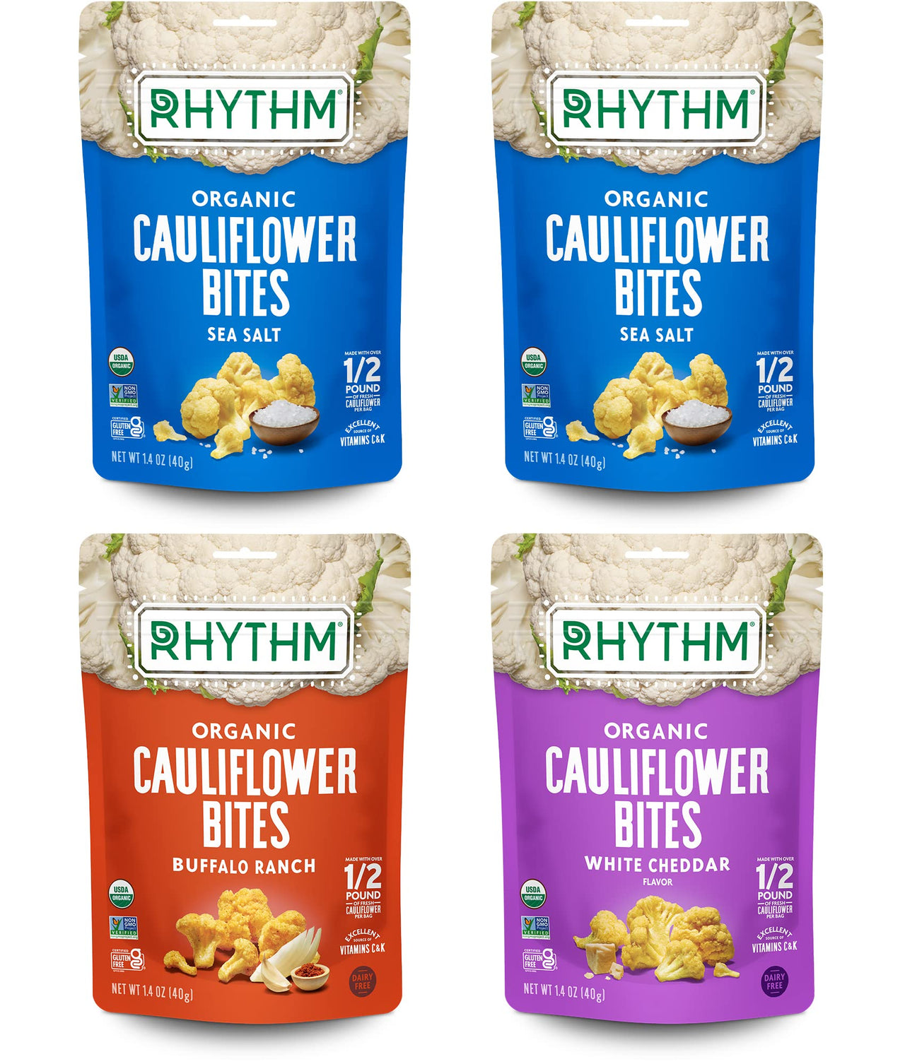 Rhythm Superfoods Crunchy Cauliflower Bites Variety Pack - Salted, Buffalo Ranch, and White Cheddar - Organic & Non-GMO, 1.4 Oz (Pack Of 4), Vegan/Gluten-Free Vegetable Superfood Snacks
