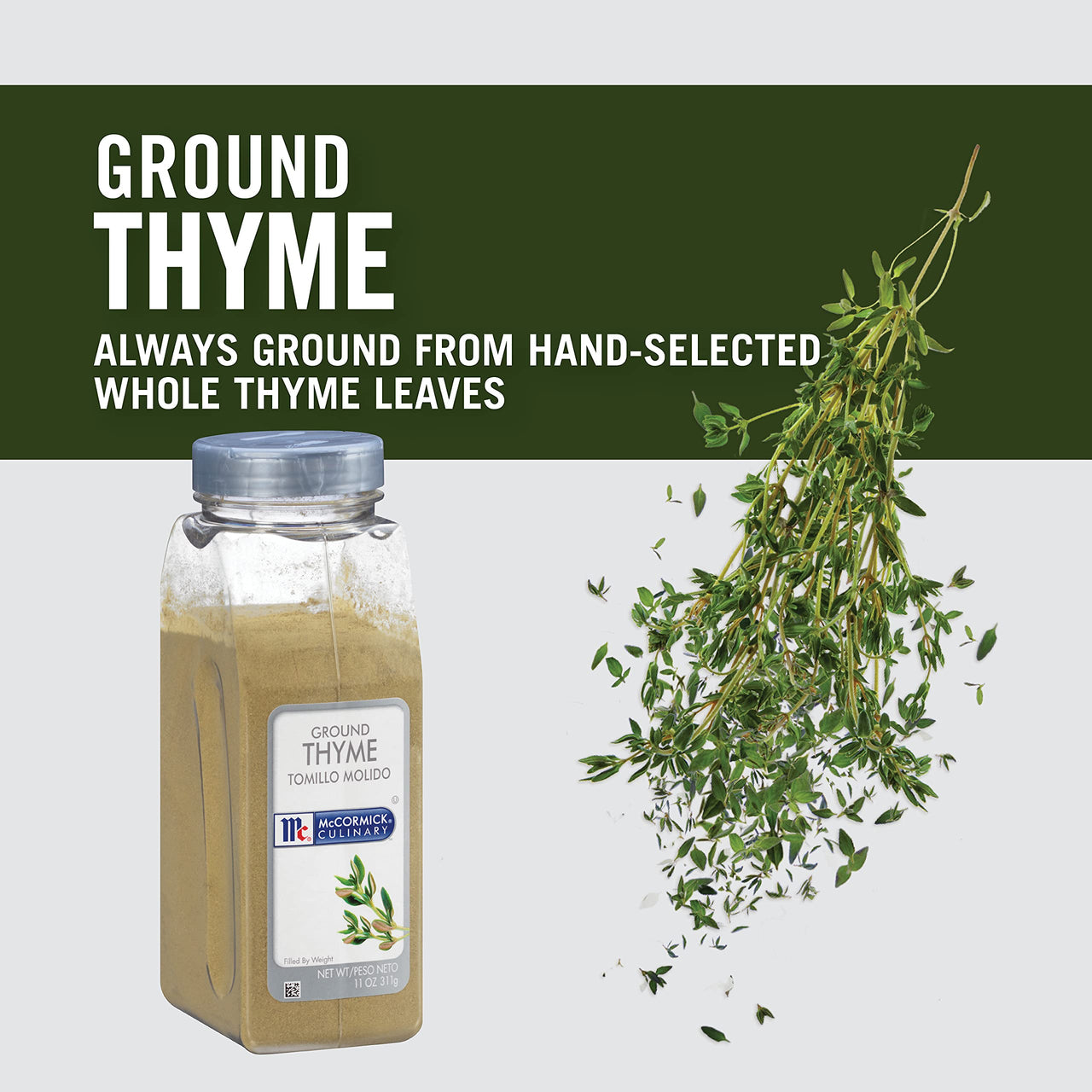McCormick Culinary Ground Thyme, 11 oz - One 11 Ounce Container of Ground Thyme Seasoning, Best with Chowders and Soups, Meat, Seafood, Mashed Potatoes and More
