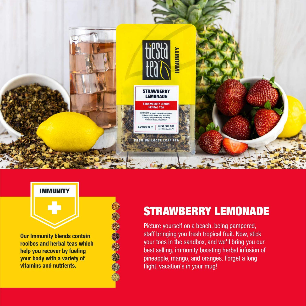 Tiesta Tea - Strawberry Lemonade, Loose Leaf Strawberry Lemon Herbal Tea, Non-Caffeine, Hot & Ice Tea, 2 oz Pouch - 25 Cups, Natural Flavored, Herbal Tea Loose Leaf Blend
