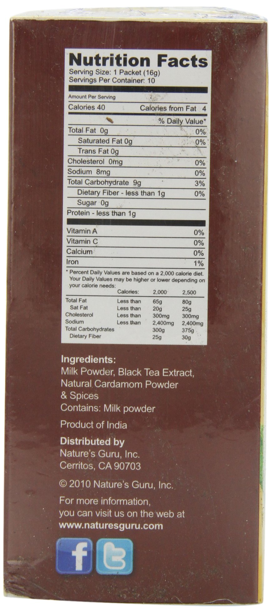 Nature's  Guru Instant Masala Spice Chai Tea Drink Mix Unsweetened 10 Count Single Serve On-the-Go Drink Packets, 5.64 Ounce (Pack of 1) (MCU_FBA)