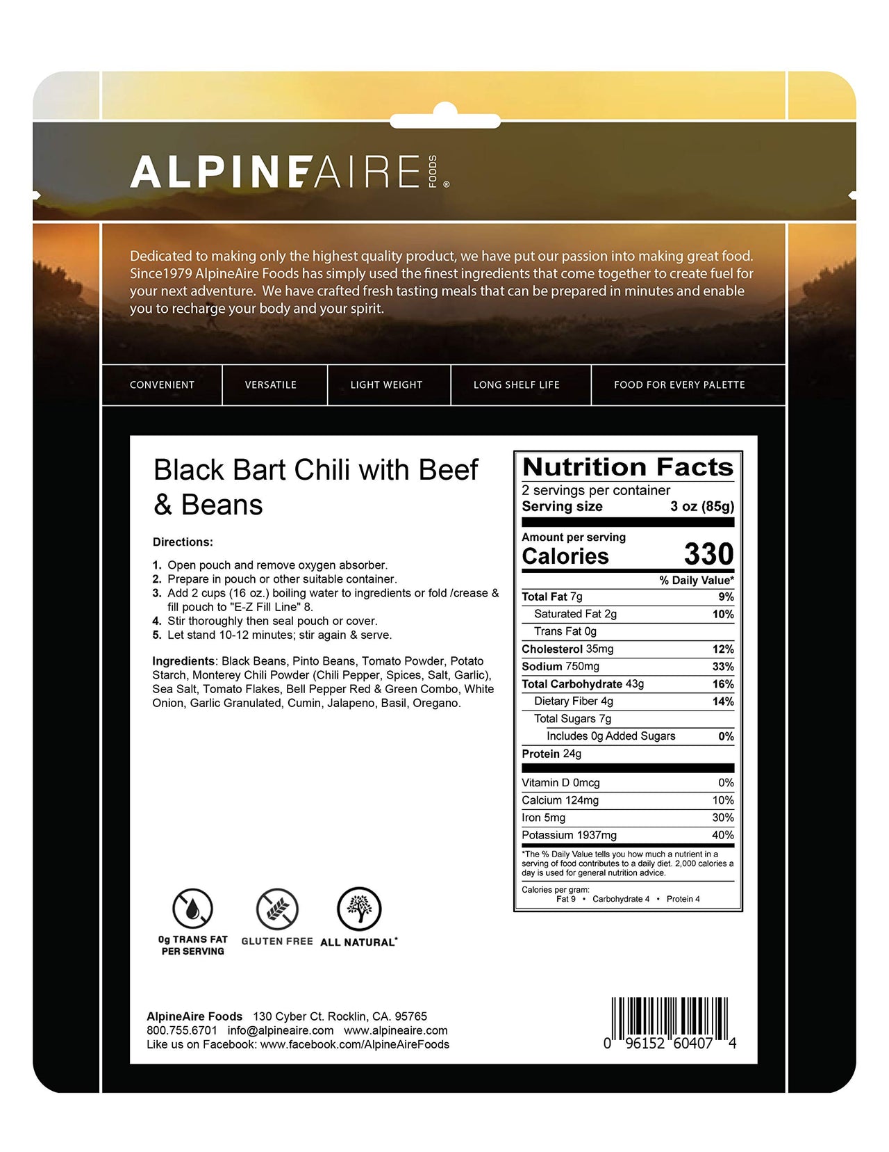 Alpine Black Bart Chili with Beef & Beans Freeze-Dried/Dehydrated Entre Meal Pouch, Just-add-Water, 2-Servings per Pouch, Gluten-Free, 25g of Protein per Serving