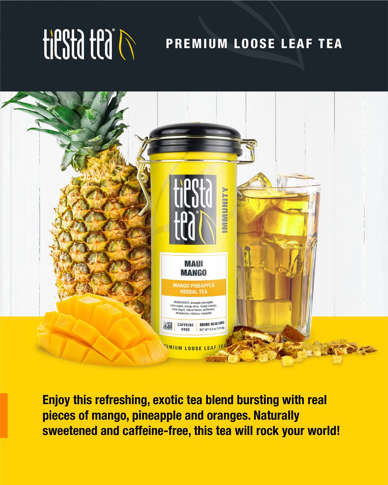 Tiesta Tea - Maui Mango, Loose Leaf Mango Pineapple Herbal Tea, Non-Caffeinated, Hot & Iced Tea, 6 oz Tin - 50 Cups, Natural Flavors, No Artificials, Herbal Tea Loose Leaf Blend