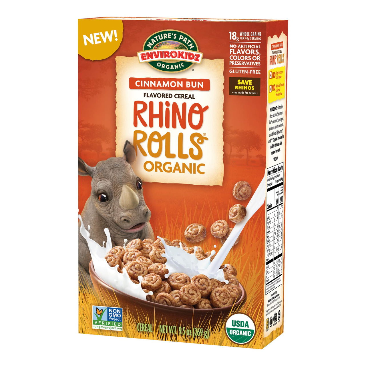 Rhino Rolls Organic Cinnamon Bun Cereal, 9.5 Ounce, Gluten Free, Non-GMO, EnviroKidz by Nature's  Path
