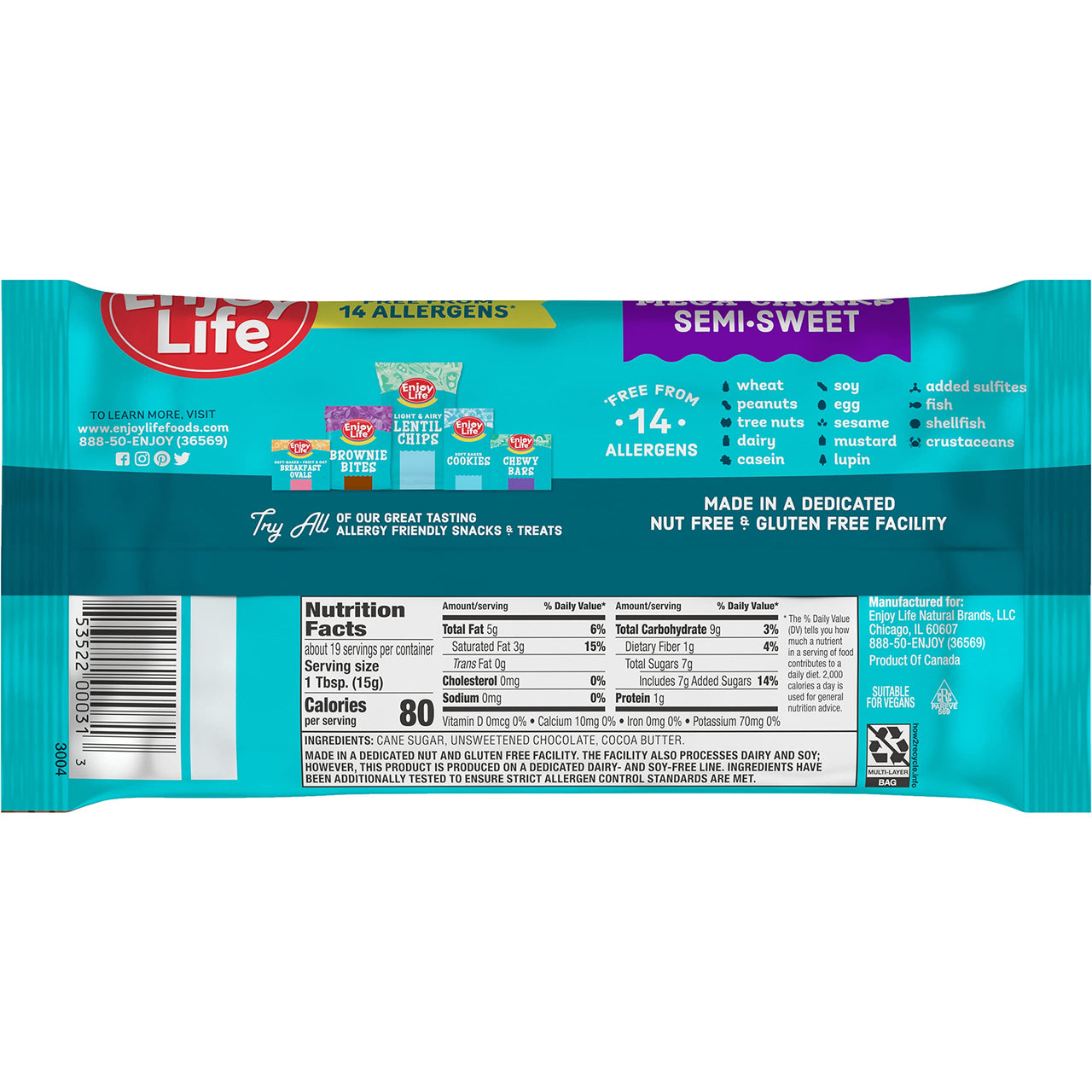 Enjoy Life Baking Chocolate Semi-Sweet Mega Chunks, Dairy Free Chocolate Chips, Soy Free, Nut Free, Non GMO, Gluten Free, Vegan Chocolate Chips, 10 oz bag