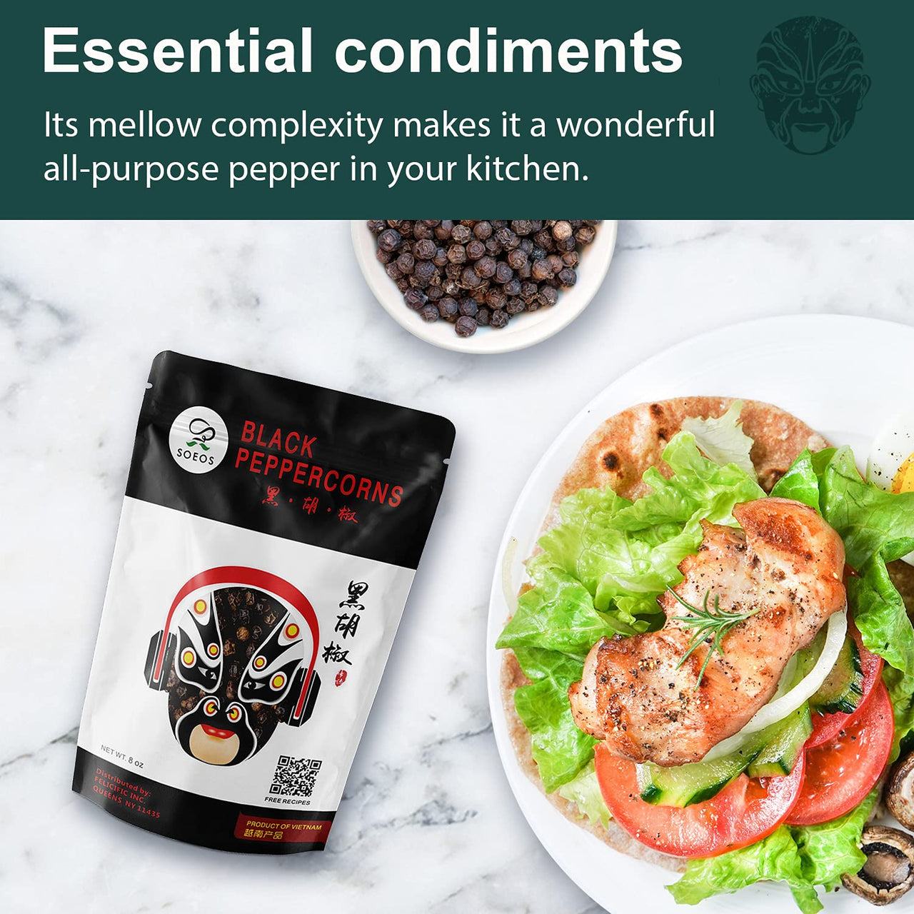 Soeos Whole Black Peppercorns, 8 oz, Grade AAA, Black Peppercorns for Grinder Refill, NON-GMO, KOSHER CERTIFIED, Whole black Peppercorns Bulk, 8 oz.