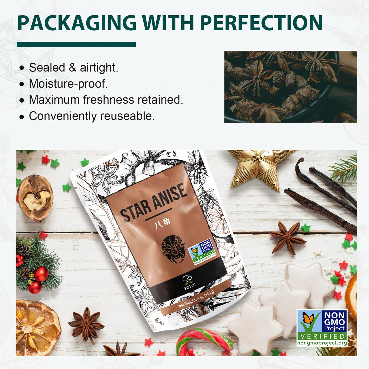 Soeos Star Anise Seeds (Anis Estrella), Whole Chinese Star Anise Pods, Dried Anise Star Spice, 4 oz.