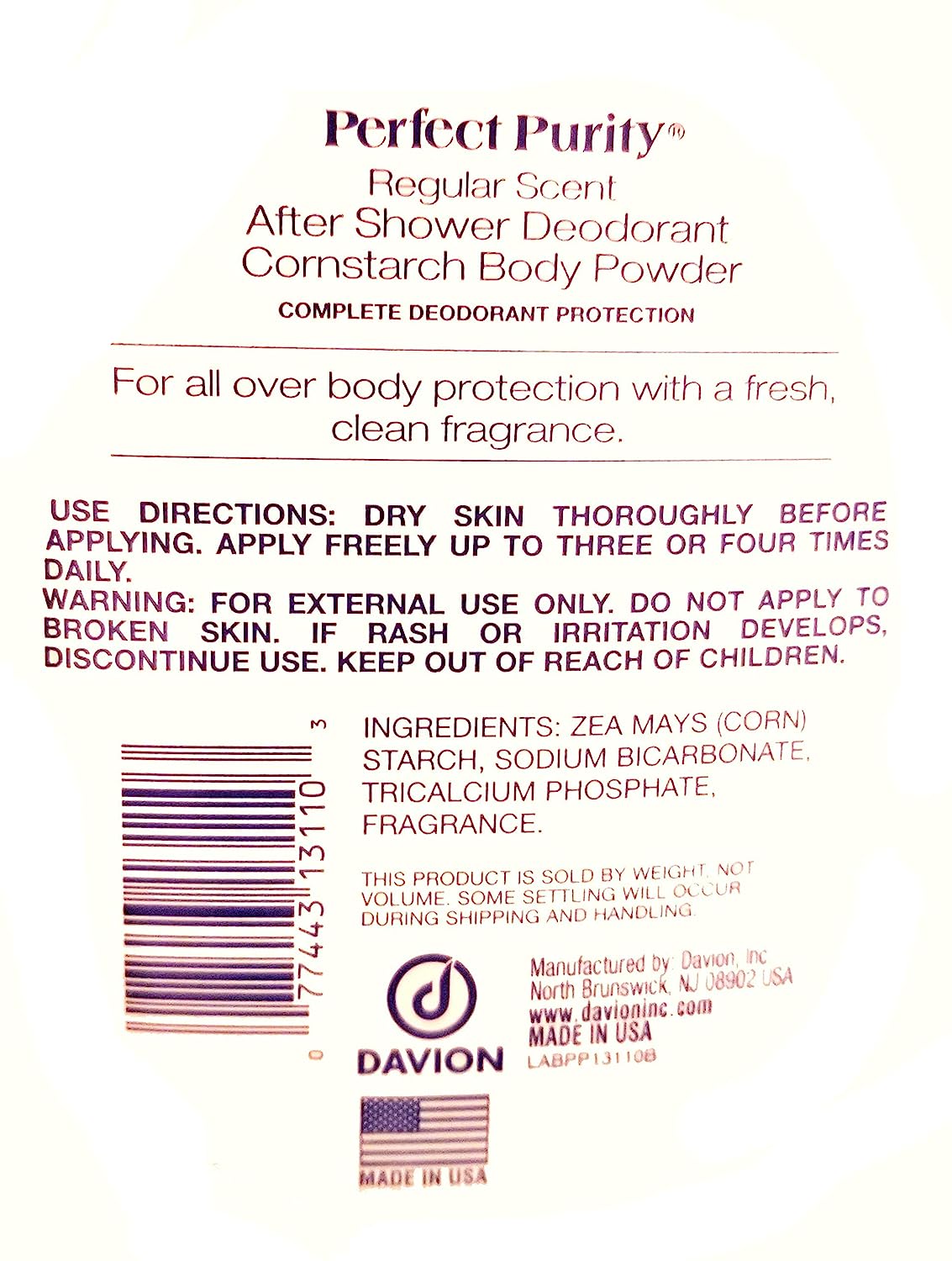 TAVERNIT Perfect Purity Talc Free After Shower Deodorant Cornstarch Body Powder Anti Friction Absorbs Sweat Made in the USA (2-10oz. Bottles)