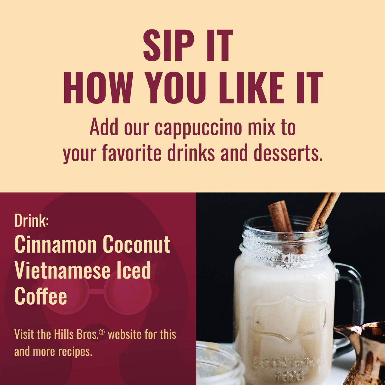 Hills Bros Instant Decadent Classic Cappuccino Mix with a Hint of Sweetness, Easy to Use and Convenient, Enjoy Coffeehouse Flavor at Home, Frothy, 14 Oz