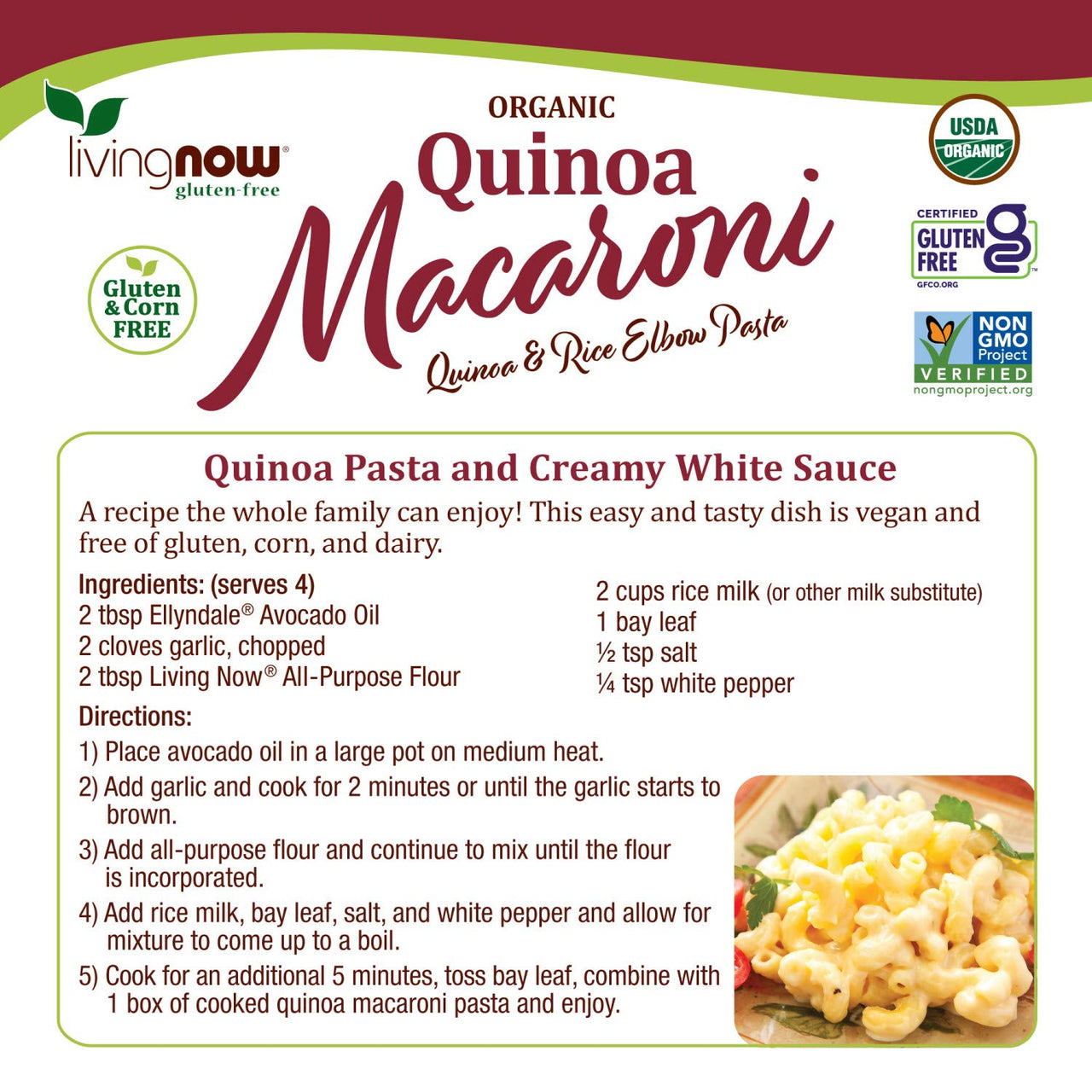 NOW Foods, Organic Quinoa Macaroni, Gluten-Free, Corn-Free, Non-GMO Elbow Pasta, 8-Ounce