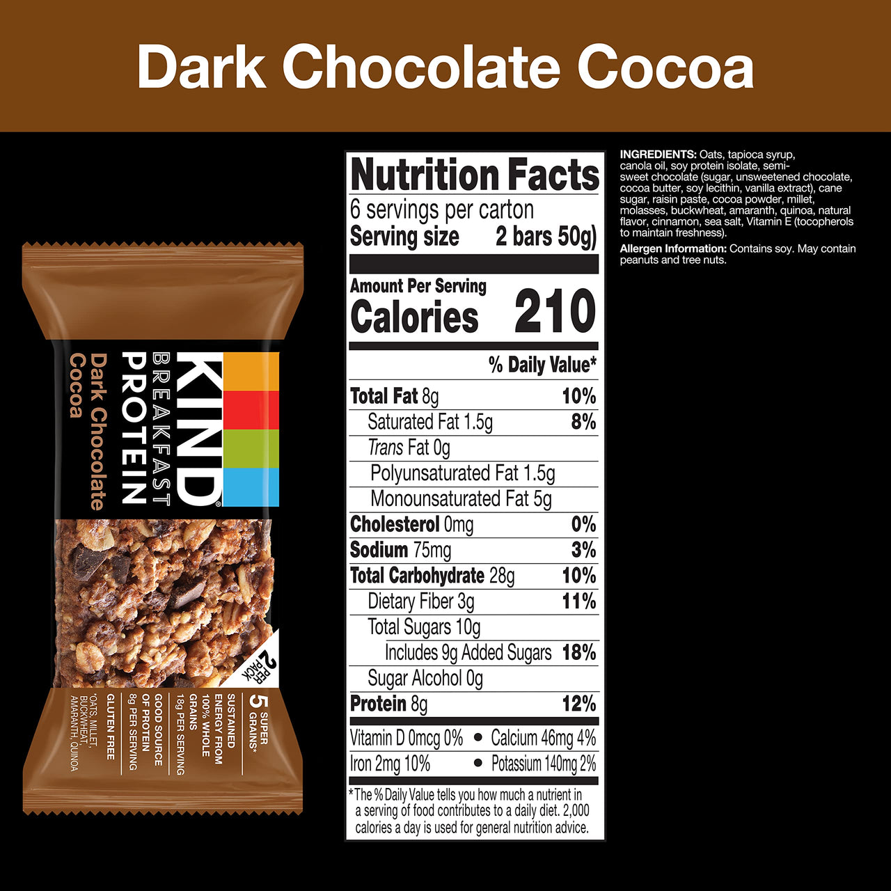 KIND Breakfast, Healthy Snack Bar, Dark Chocolate Cocoa, Gluten Free Breakfast Bars, 8g Protein, 1.76 OZ Packs (6 Count)