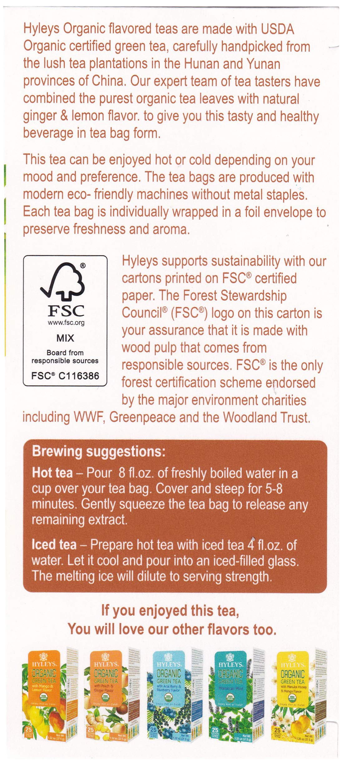 Hyleys Organic Ginger and Lemon Flavor Green Tea - 25 Tea Bags (100% Natural, Sugar Free, Gluten Free and Non-GMO)
