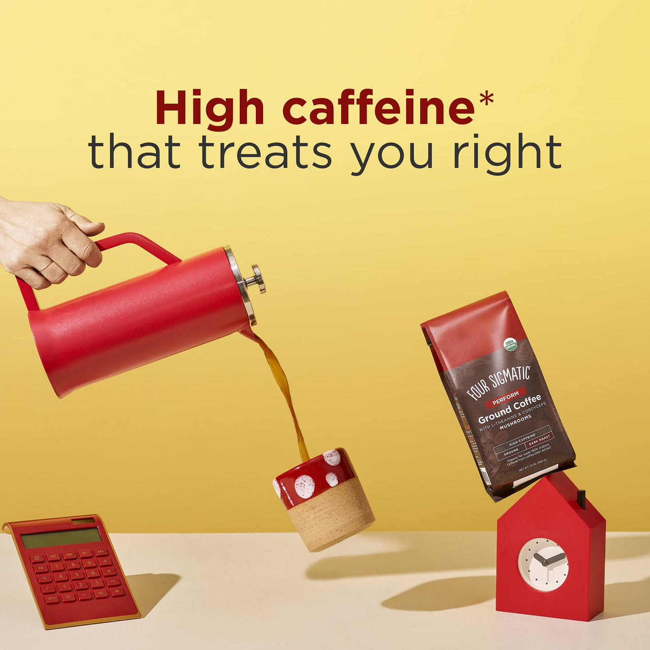 Organic High Caffeine Coffee by Four Sigmatic | Dark Roast Extra Strong Ground Coffee with L-Theanine & Cordyceps Mushroom Extract | Energy Booster Mushroom Super Coffee without the Jitters | 12oz Bag