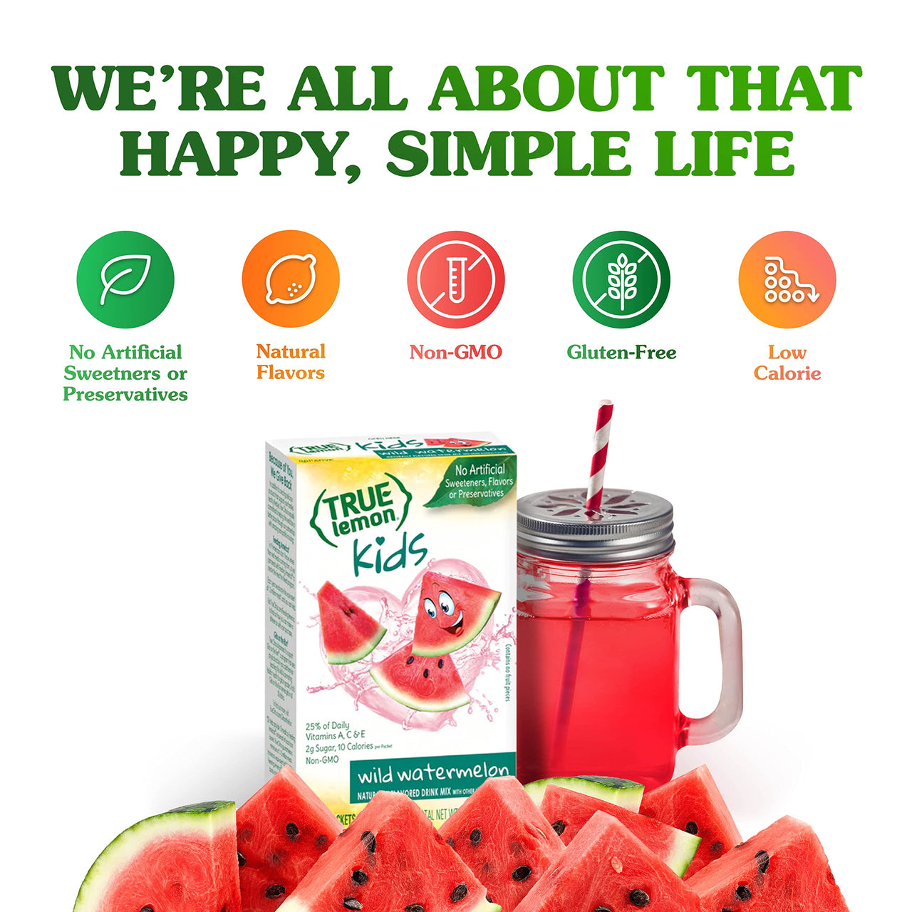 TRUE LEMON KIDS Wild Watermelon (10 Packets) - Hydration for Kids - No Preservatives, No Artificial Flavors, No Artificial Sweeteners - Low Sugar Water Flavoring - Drink Mix for Kids - Kids Juice Powdered Drink Mix
