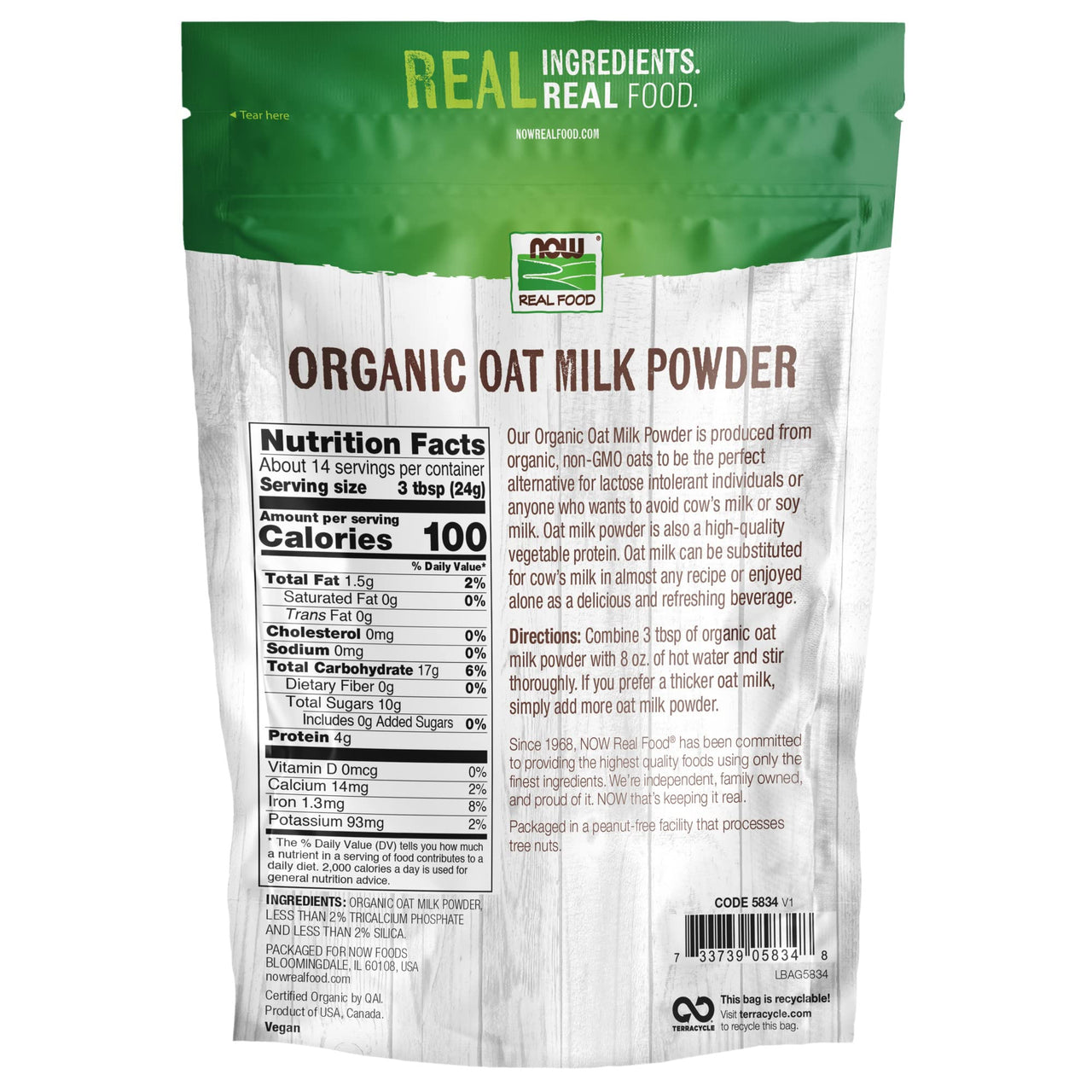 NOW Foods, Organic Oat Milk Powder, Dairy and Soy Free, No Sugar Added, Vegan, NGMO, Gluten Free, 12 Ounce