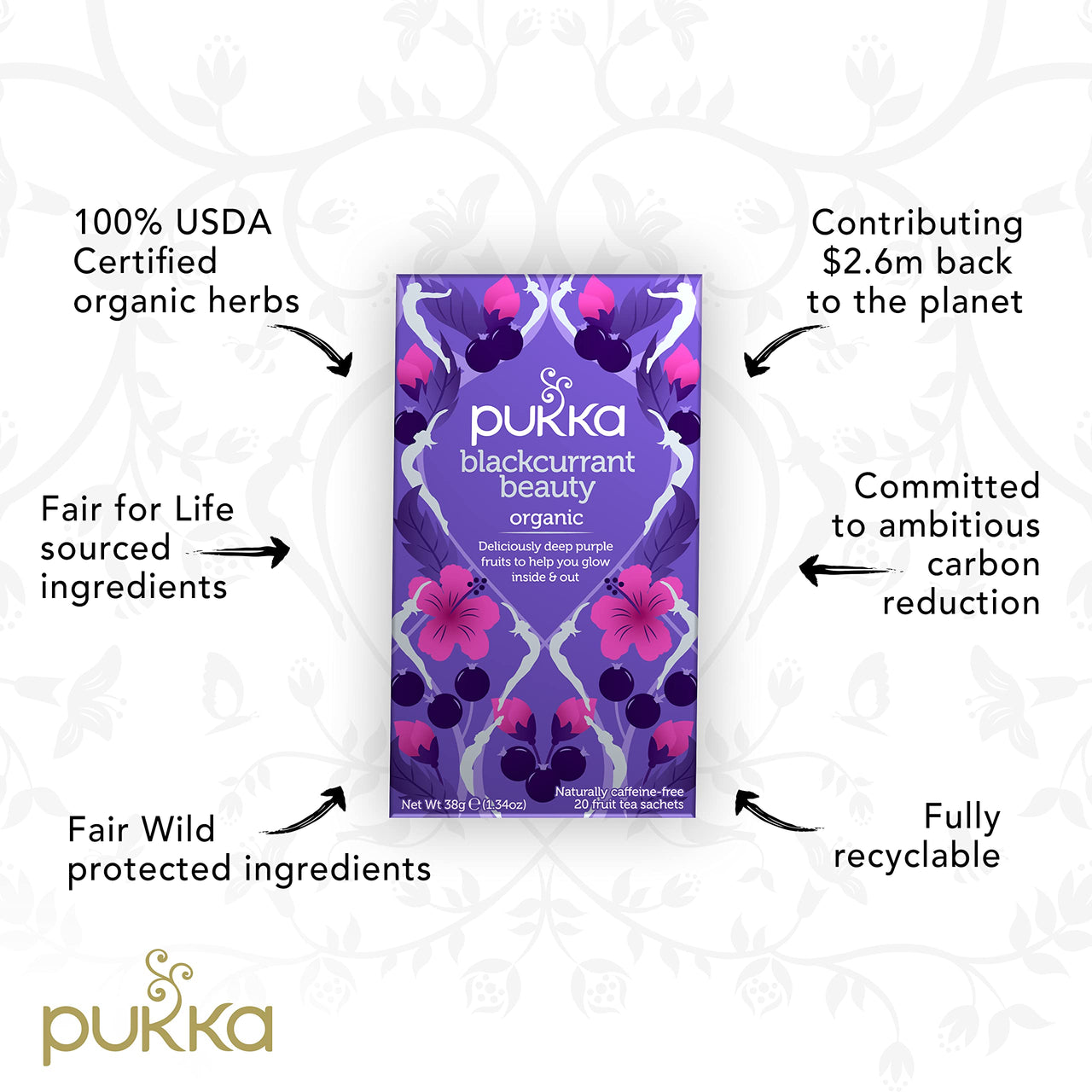 Pukka Organic Tea Bags, Blackcurrant Beauty Herbal Tea with Rosehip, Perfect for Inner Glow, 20 Count (Pack of 3) 60 Tea Bags