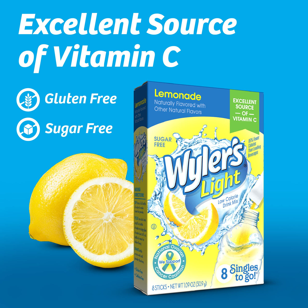 Wyler's  Light Singles Water Drink Mix To Go Powder Packets, Lemonade, 8 Count (Pack of 2)