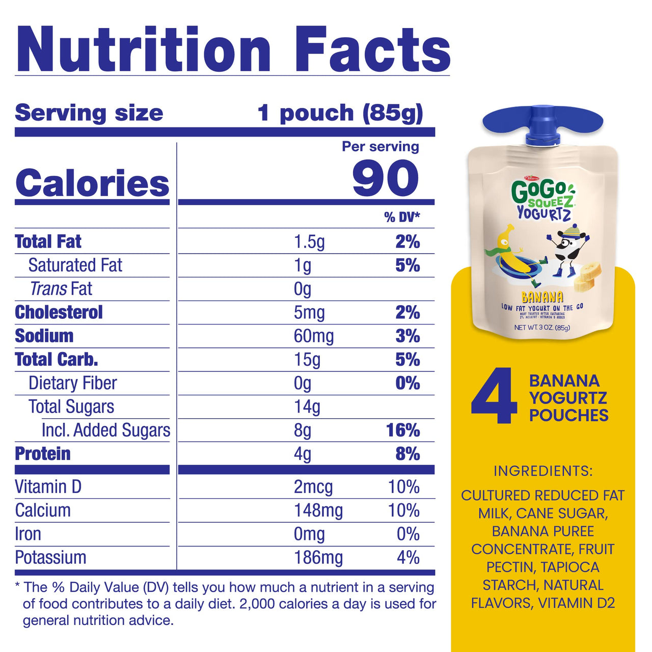 GoGo squeeZ yogurtZ Banana, 3 oz. (4 Pouches) - Kids Snacks Made from Real Yogurt & Fruit - Pantry Friendly Snack, No Fridge Needed - No Preservatives - Kosher Certified - Gluten Free Snacks for Kids