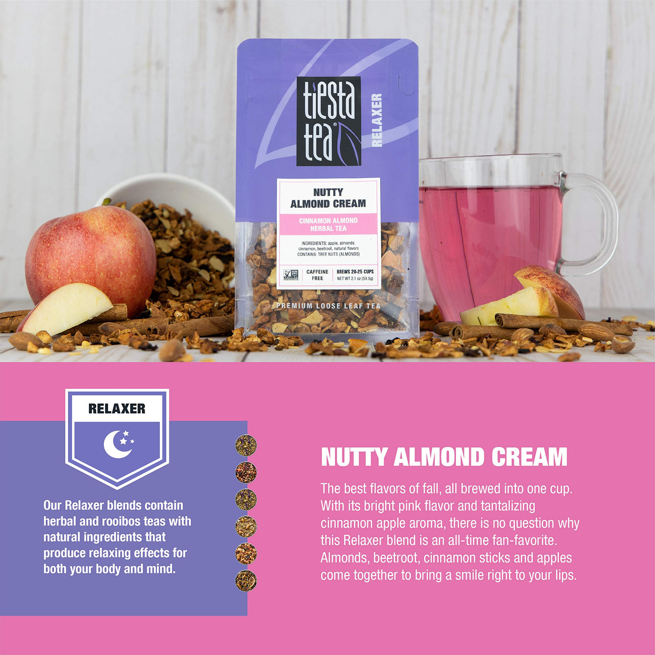 Tiesta Tea - Nutty Almond Cream, Loose Leaf Cinnamon Almond Herbal Tea, Non-Caffeine, Hot & Iced Tea, 1.9 oz Pouch - 25 Cups, Natural Flavored, No Artificals, Herbal Tea Loose Leaf