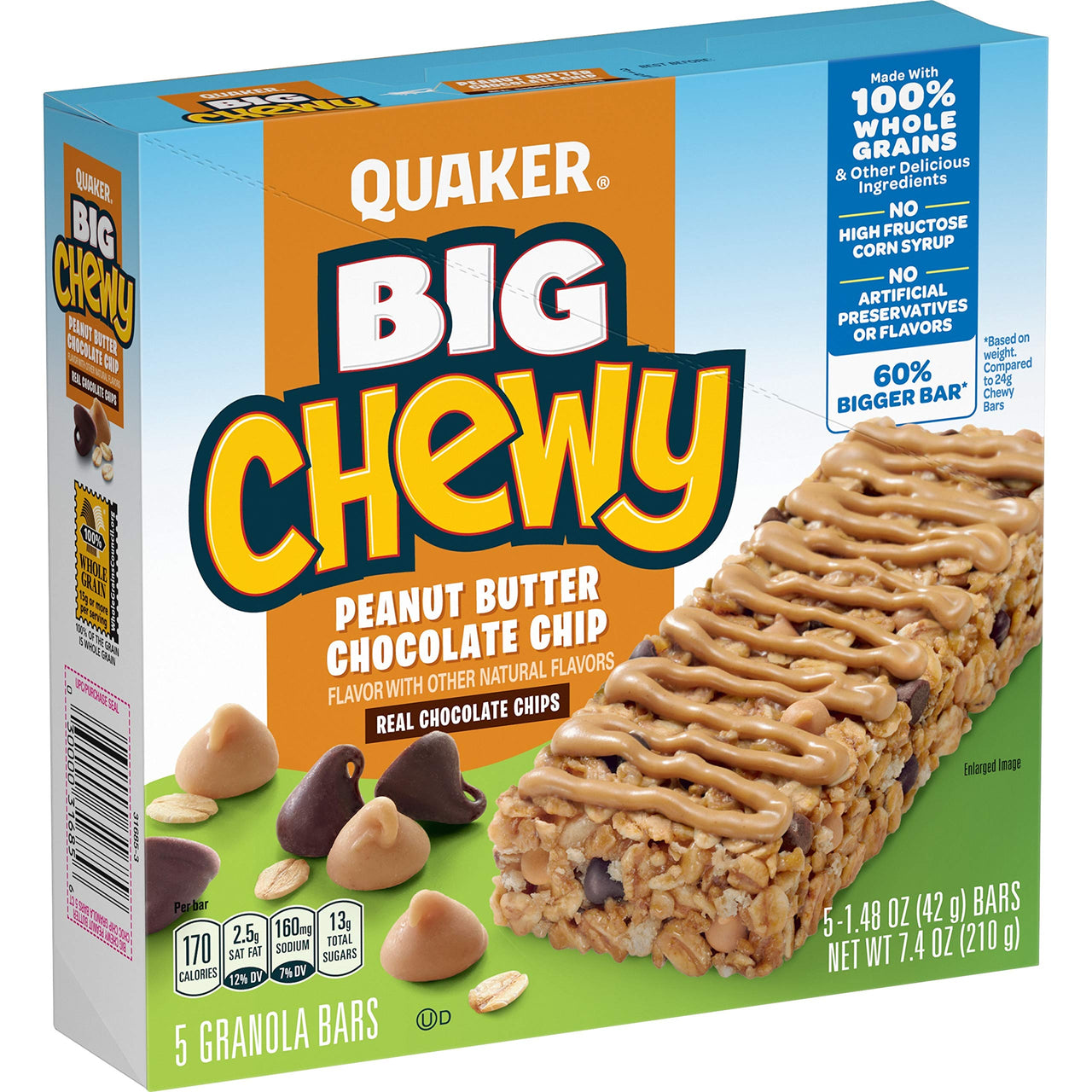 Quaker Big Chewy Chocolate Chip Granola Bar, Peanut Butter, 1.48oz 5 Count, 7.4oz
